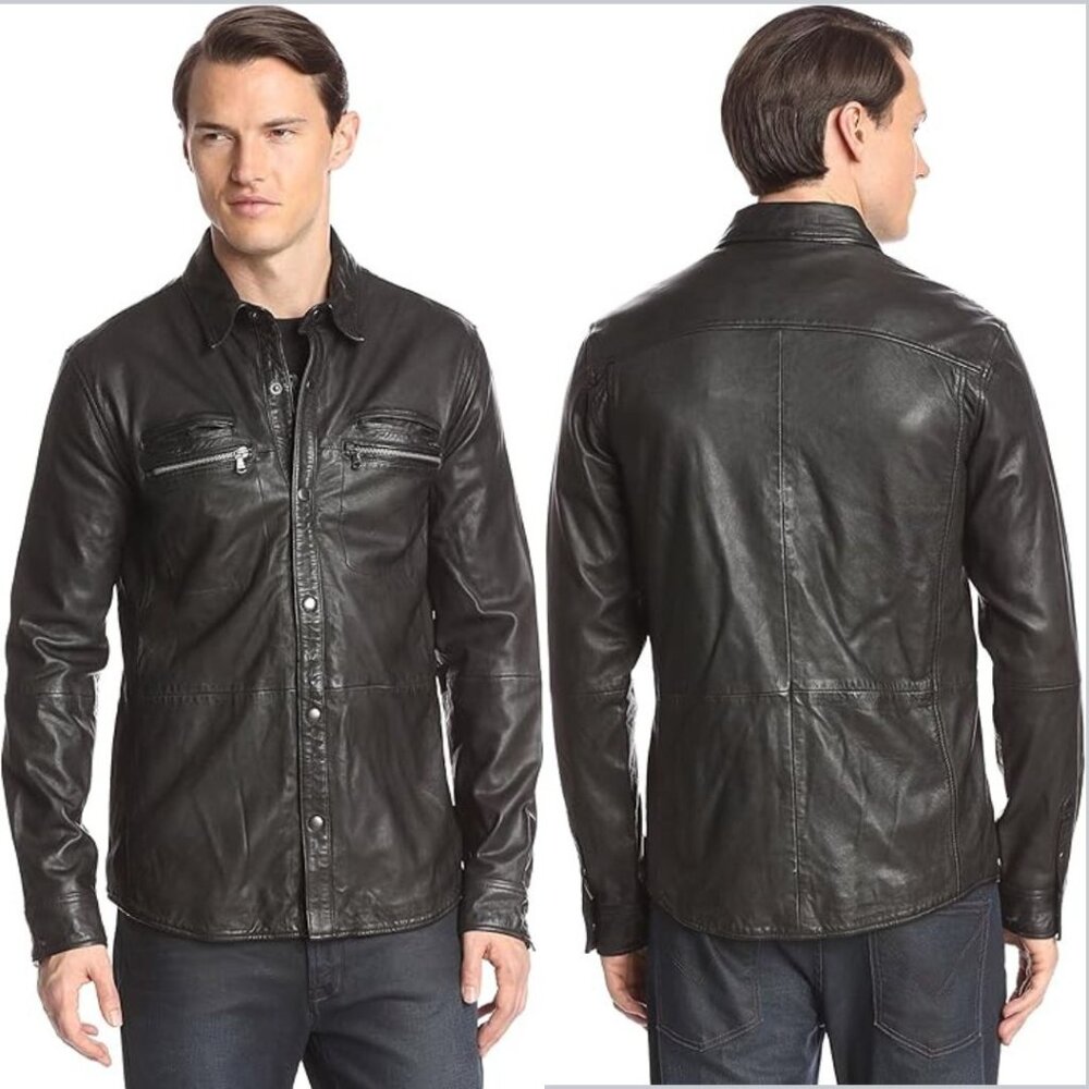 John Varvatos Star USA Men's 100% Lambskin Leather Snap Black Shirt Jacket Sz M